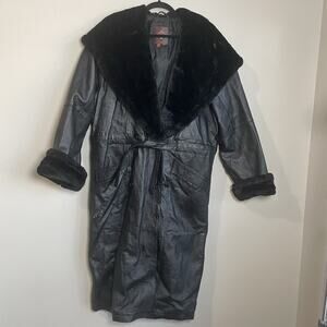 VTG 100% Leather Women S Jacket Full Length Coat Faux Fur Hood Black Old Money